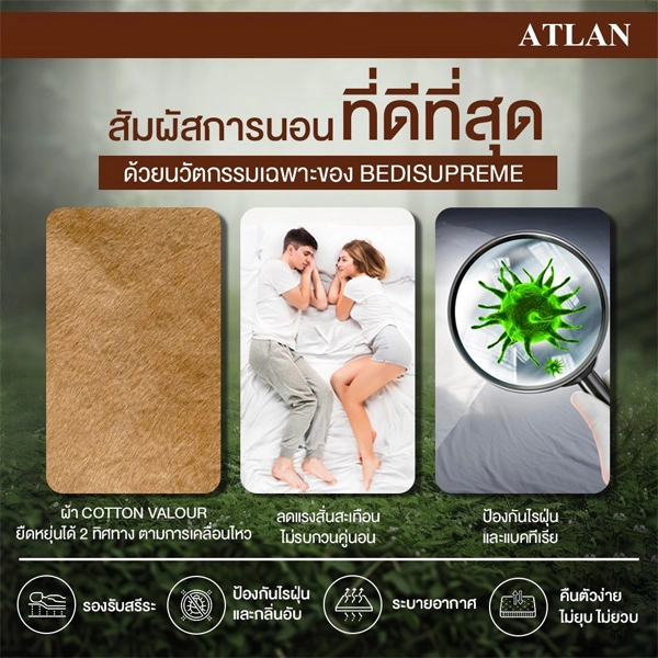 ที่นอนยางพาราแท้ 100% Latex หุ้มผ้า Cotton Velour กันไรฝุ่น (ไม่ใช่ยางพาราอัด) รุ่น ATLAN