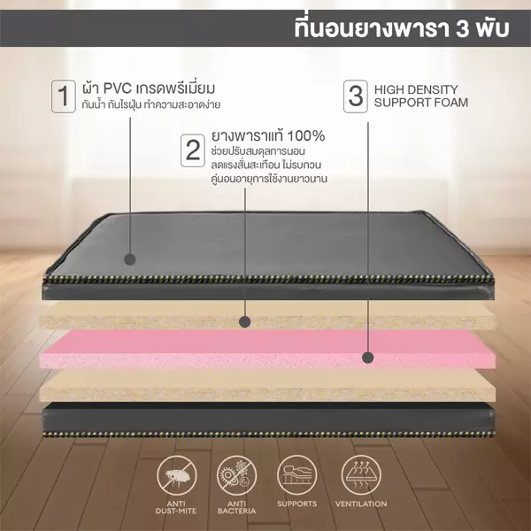 ที่นอนยางพารา 100% 3 พับ หุ้มหนังPVC